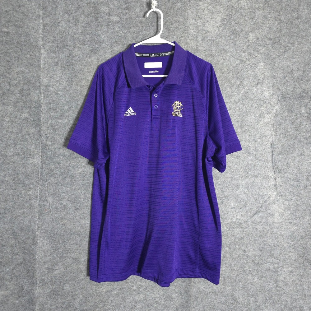 Adidas Climalite Polo Men XL Purple Football Crest Striped 1893A 14 Short Sleeve